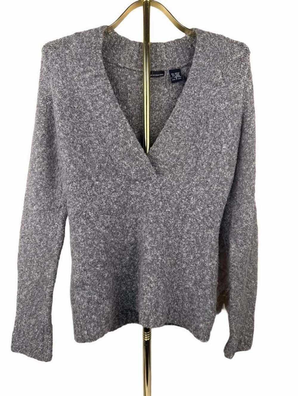 Moda International V-Neck Sweater Size S Gray Marled Wool Blend